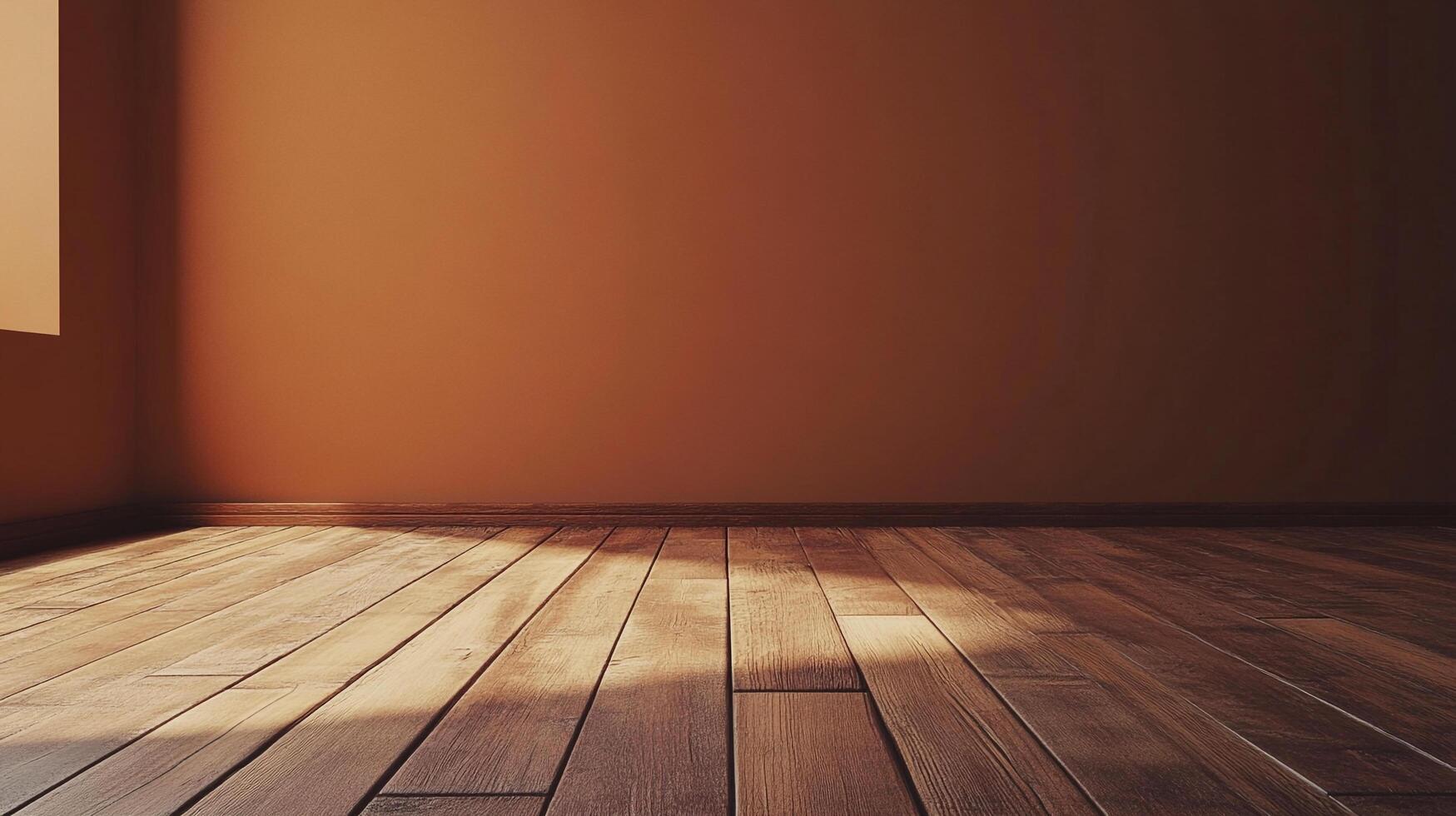 Sunlit room with warm, earthy tones. Wooden flooring complements the orange wall, creating a cozy and inviting atmosphere. photo