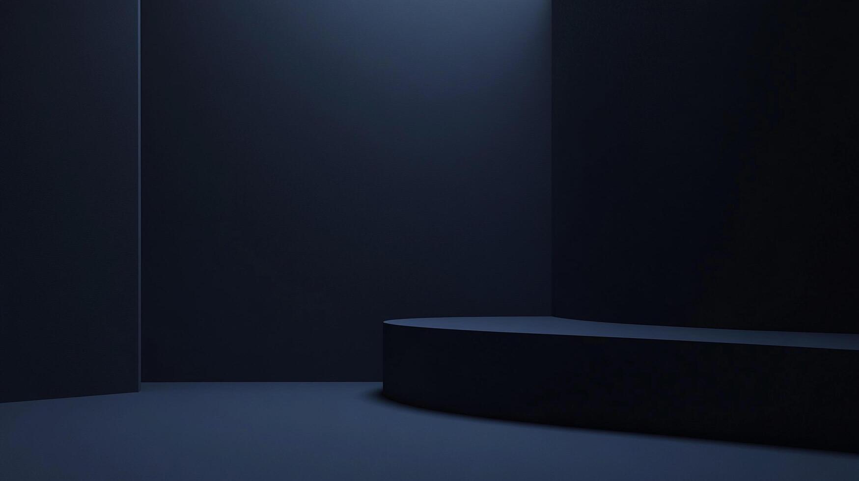 A minimalist, dark navy blue architectural space with a platform suggesting modern design and abstract geometry. Dramatic lighting enhances the mood. photo