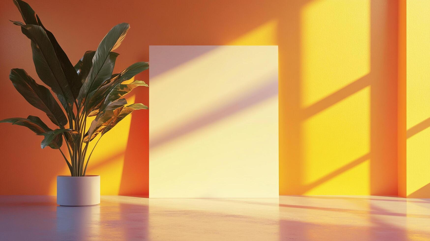 Modern interior showcasing a plant near a rectangular board, lit by sunlight creating shadows, set against an orange and yellow wall. photo