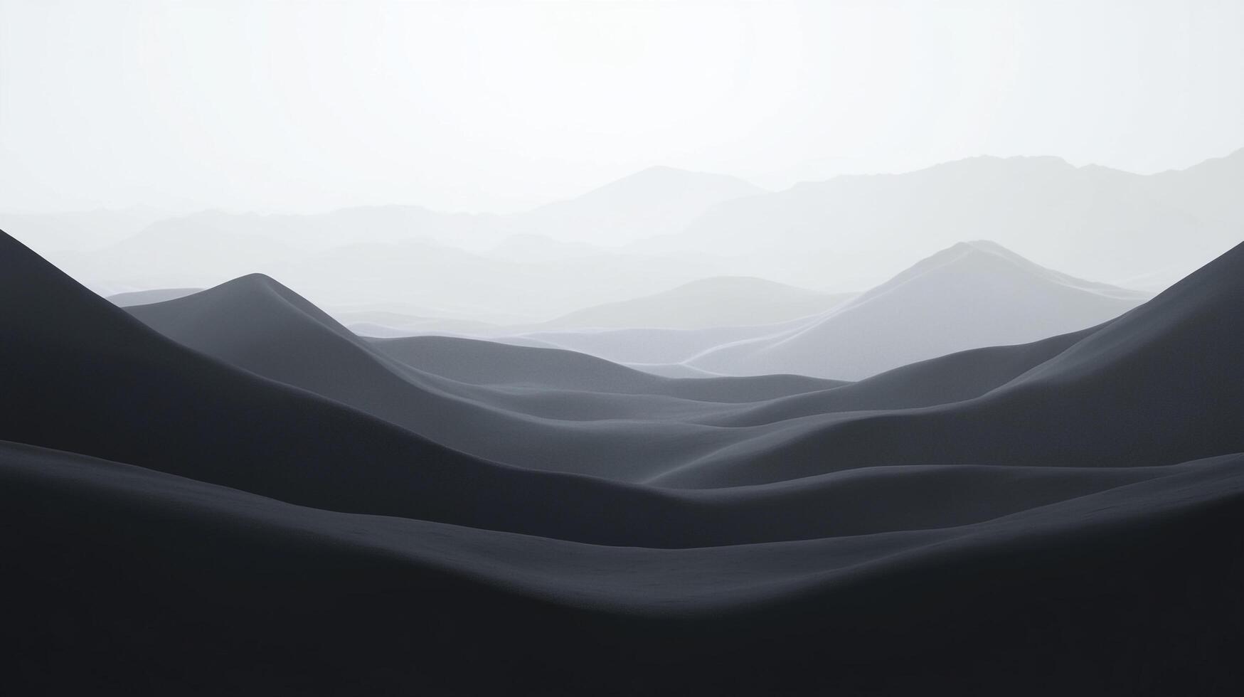 Monochromatic landscape with rolling hills and distant mountains fading into a hazy horizon, creating depth and serenity. photo