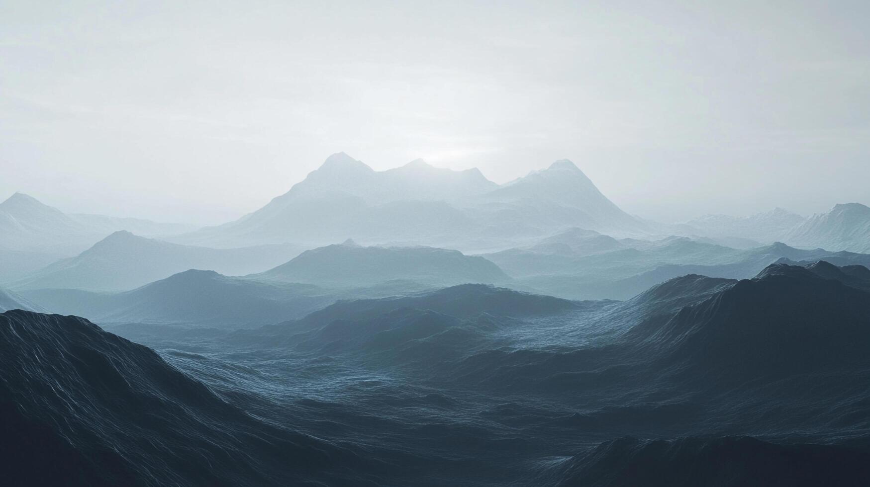 Atmospheric mountain landscape. Layered peaks shrouded in mist create a serene, ethereal ambiance. Soft light enhances depth and mystery. photo