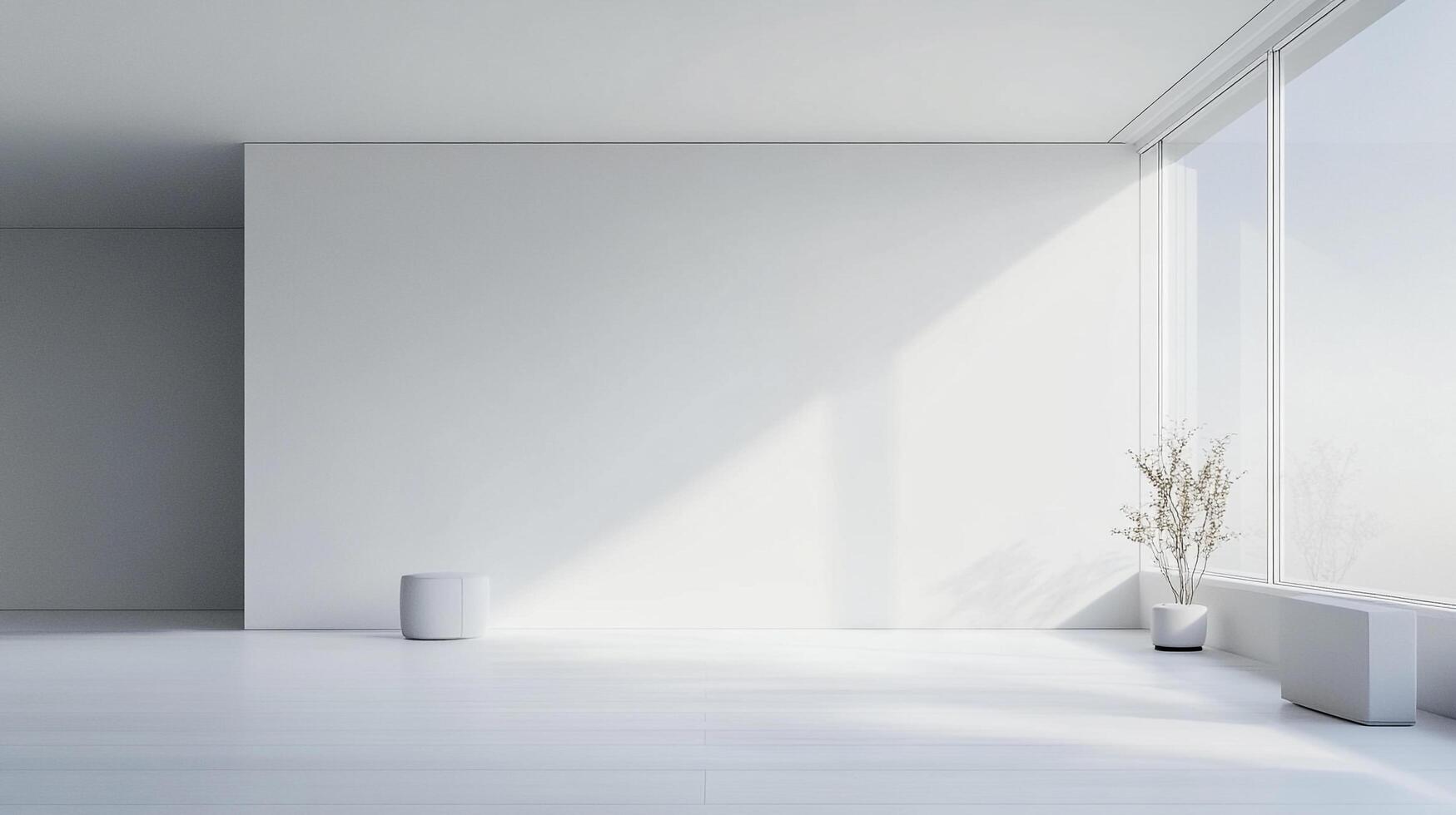 Minimalist white room interior featuring a window, plant, stool and radiant light. The clean aesthetic creates a serene and modern space. photo