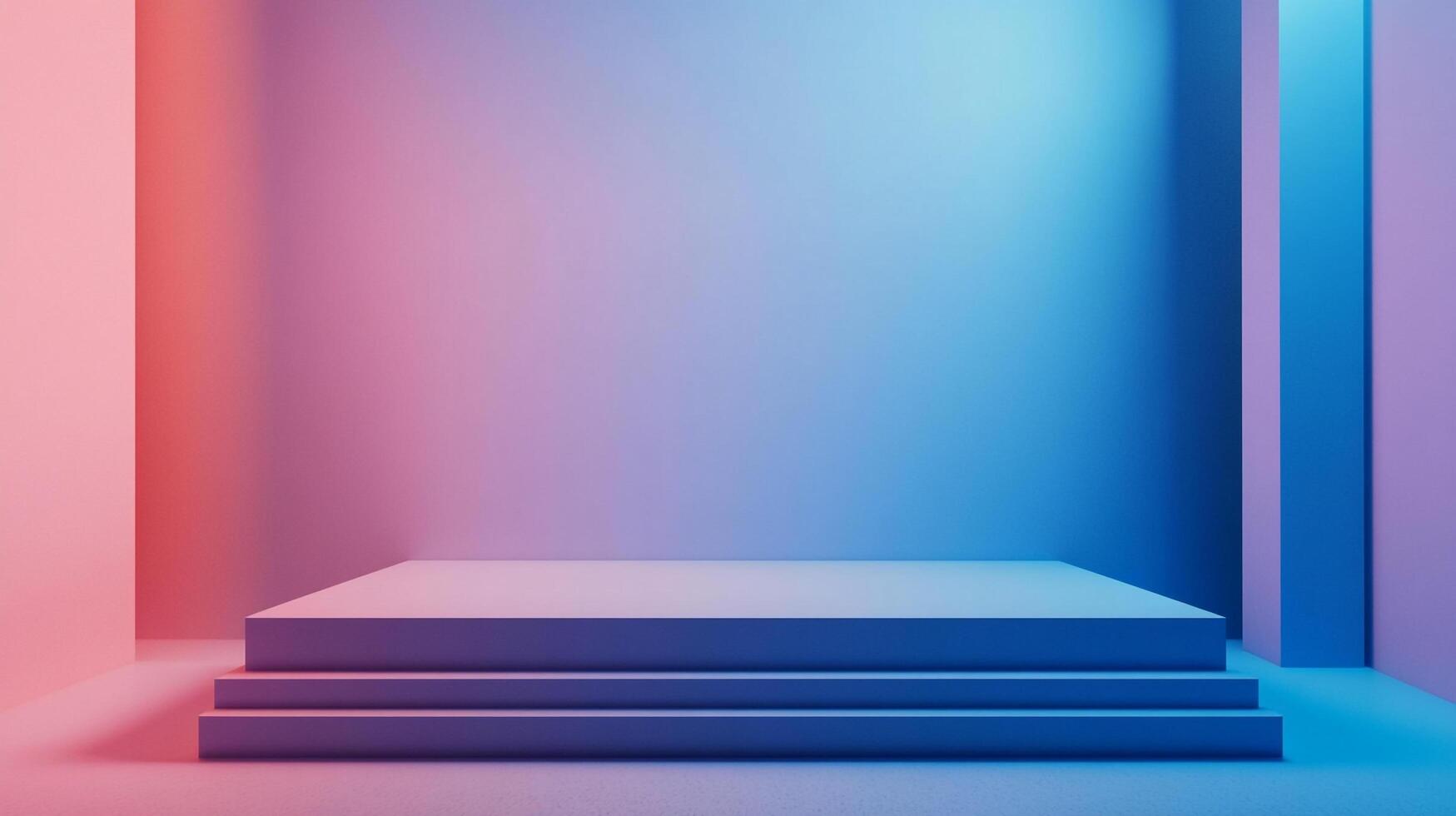 Minimalist product showcase platform featuring a three-step pedestal bathed in vibrant blue and pink hues, offering a visually striking display. photo