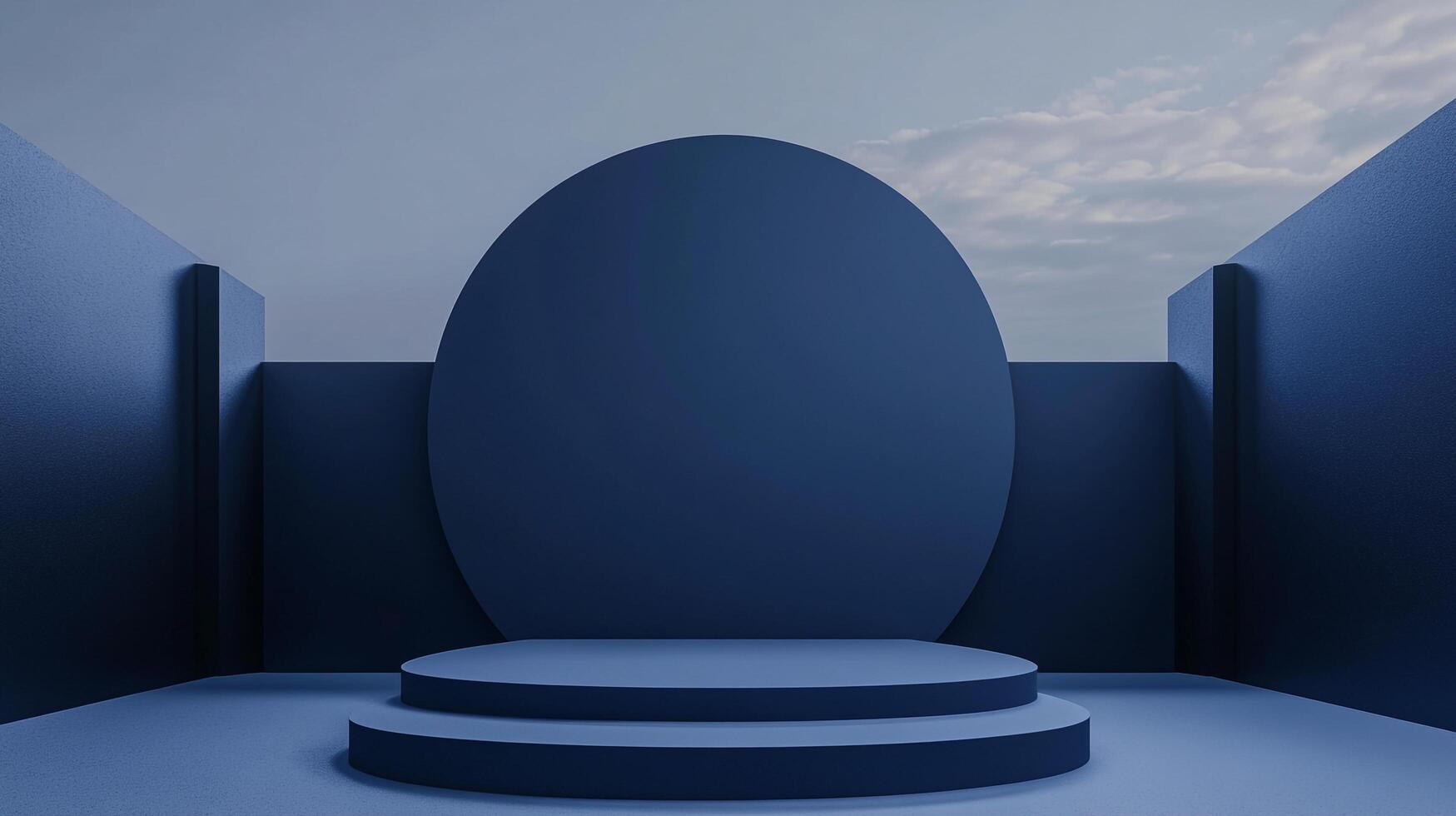Blue geometric shapes and a two-tiered platform are framed against a cloudy sky in this surreal and minimalist composition. photo