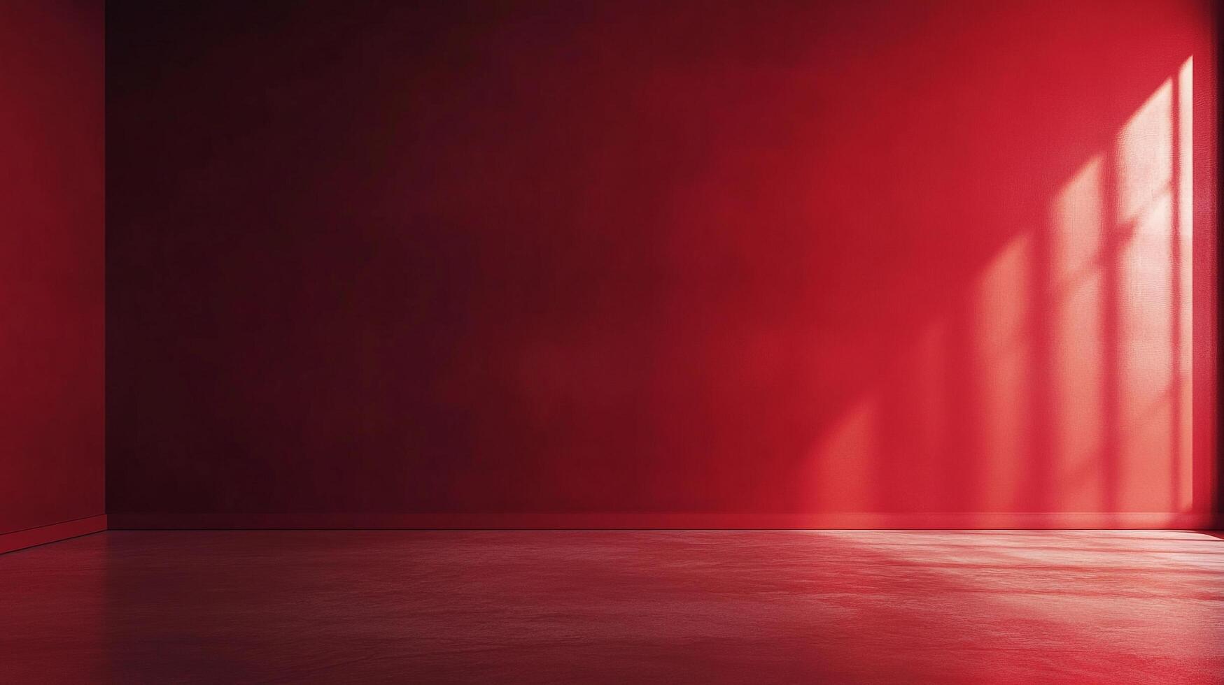 An empty room with red walls and floor is bathed in sunlight streaming through a window, creating a sense of calm and serenity. photo