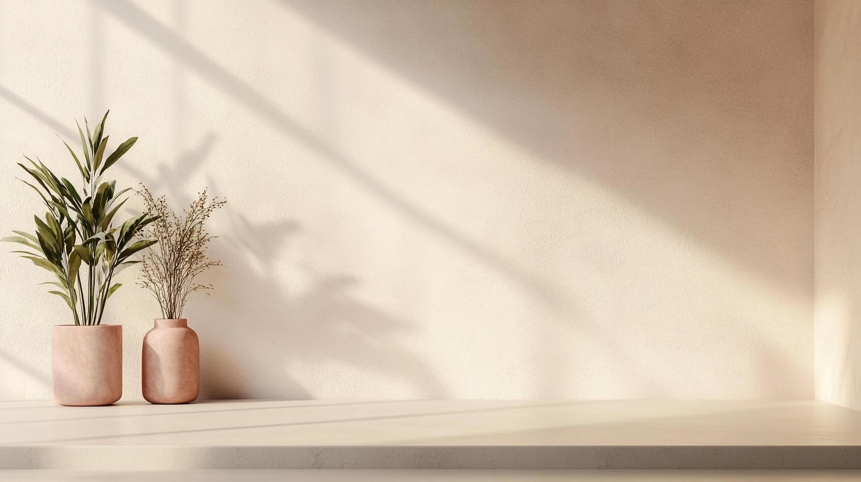 Minimalist interior showcasing sunlight casting shadows on a textured wall, accented by potted plants on a ledge for a serene atmosphere. photo