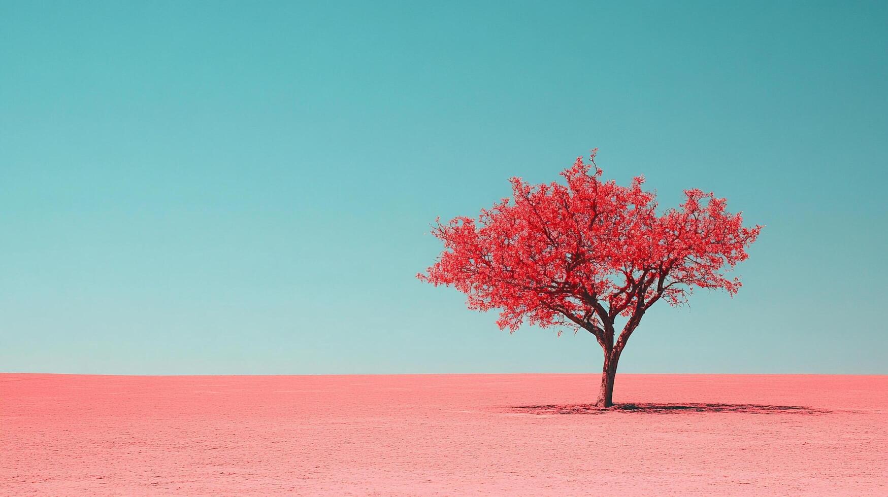 Solitary red tree standing alone against a clear blue sky, offering a striking contrast and a sense of tranquility in the minimalist landscape. photo