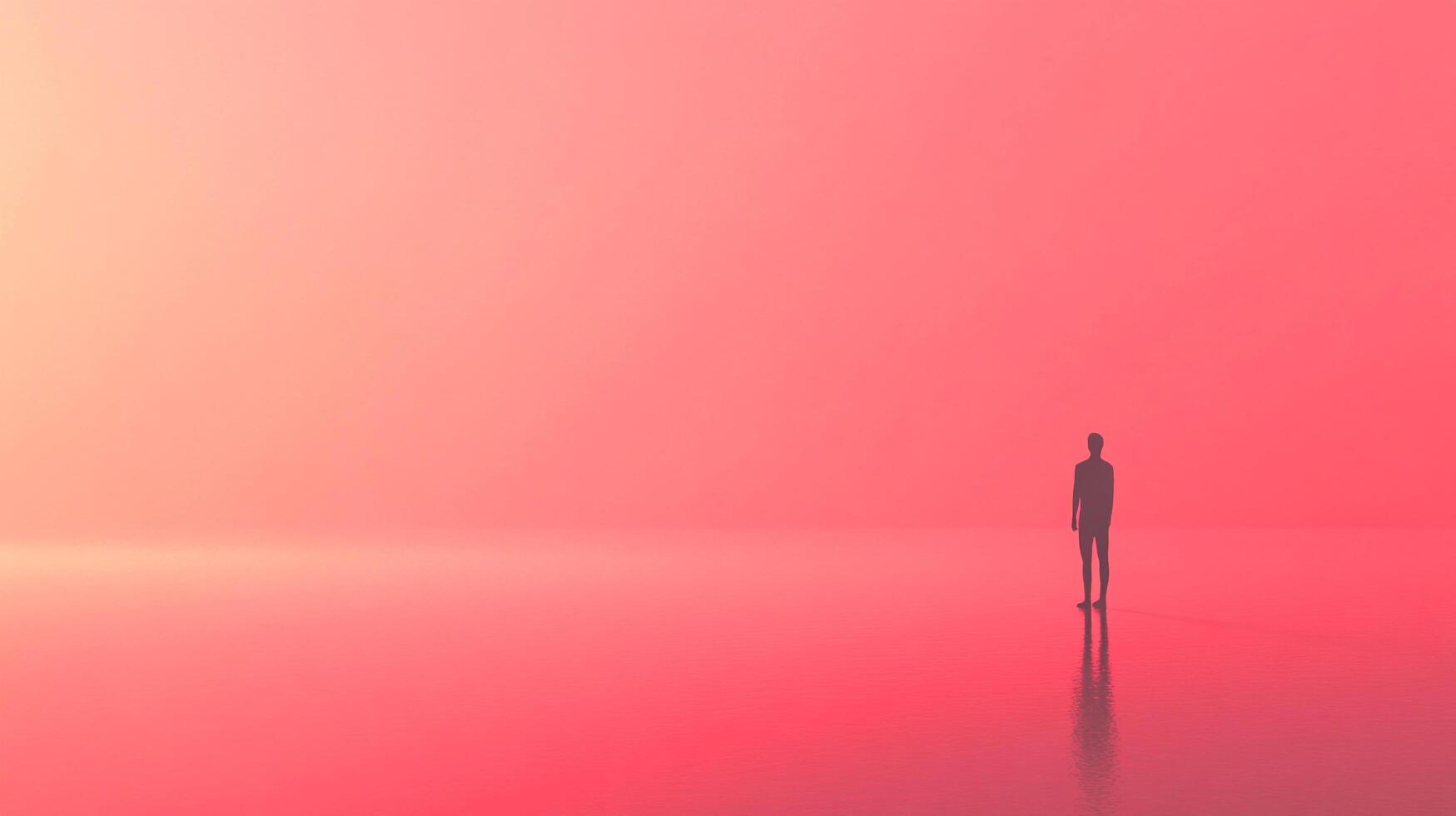 Figure in a pink expanse. A lone silhouette stands on a reflective surface under a dreamy, gradient-lit sky. Serene, minimalist, and ethereal. photo