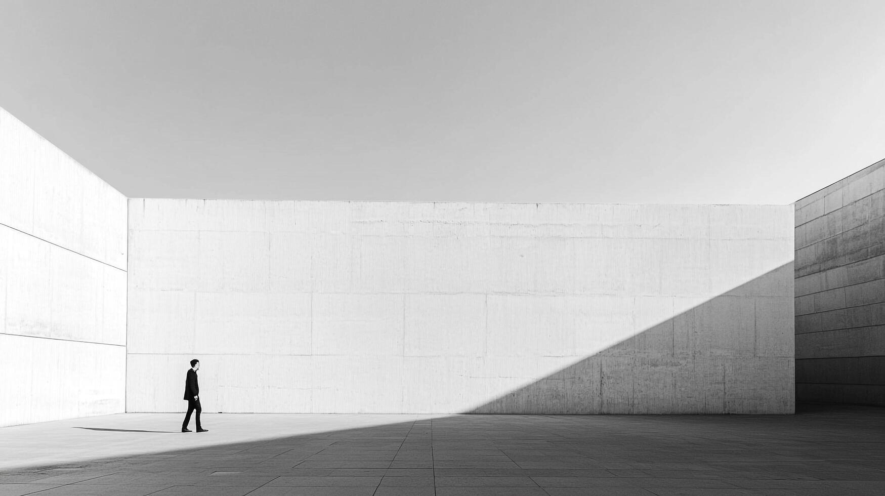 A solitary figure in a stark monochrome scene, walking across an open concrete space surrounded by towering white walls and sharp shadows. photo