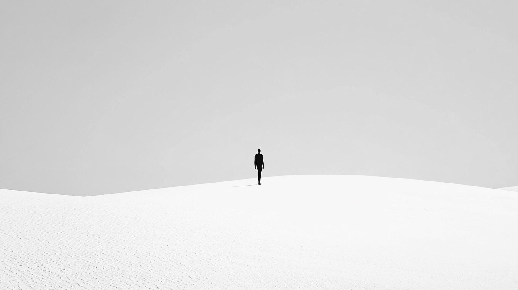 A solitary figure walks across a bright white landscape. The stark contrast creates a sense of isolation and expansive space. photo