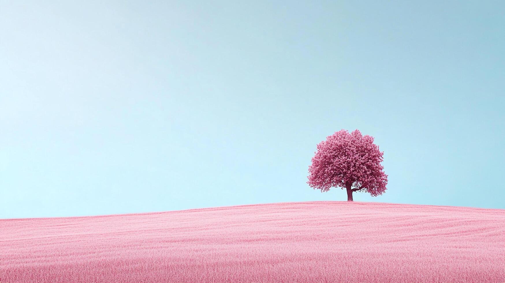 Serene pink landscape featuring a blooming tree on a gentle slope under a light blue sky, creating a calm, dreamlike atmosphere. photo