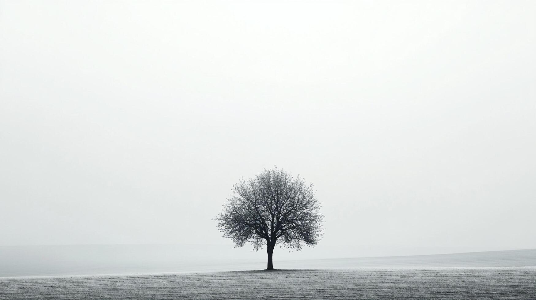 Monochrome landscape featuring a solitary tree on a misty field, conveying serenity and minimalist beauty with a grayscale palette. photo