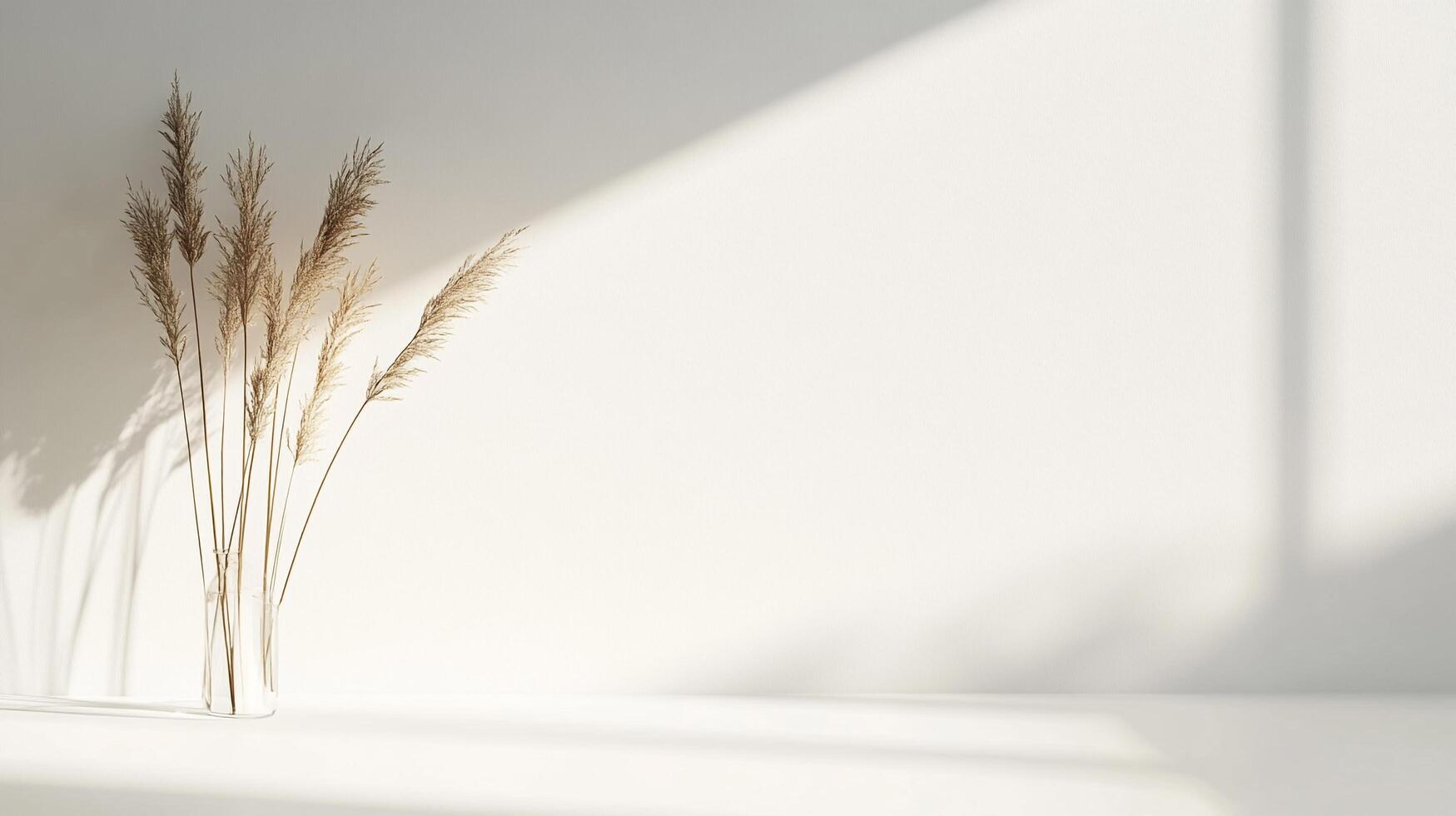 Elegant arrangement of dried reeds in a minimalist vase, bathed in soft, natural light, perfect for a serene, neutral aesthetic. photo