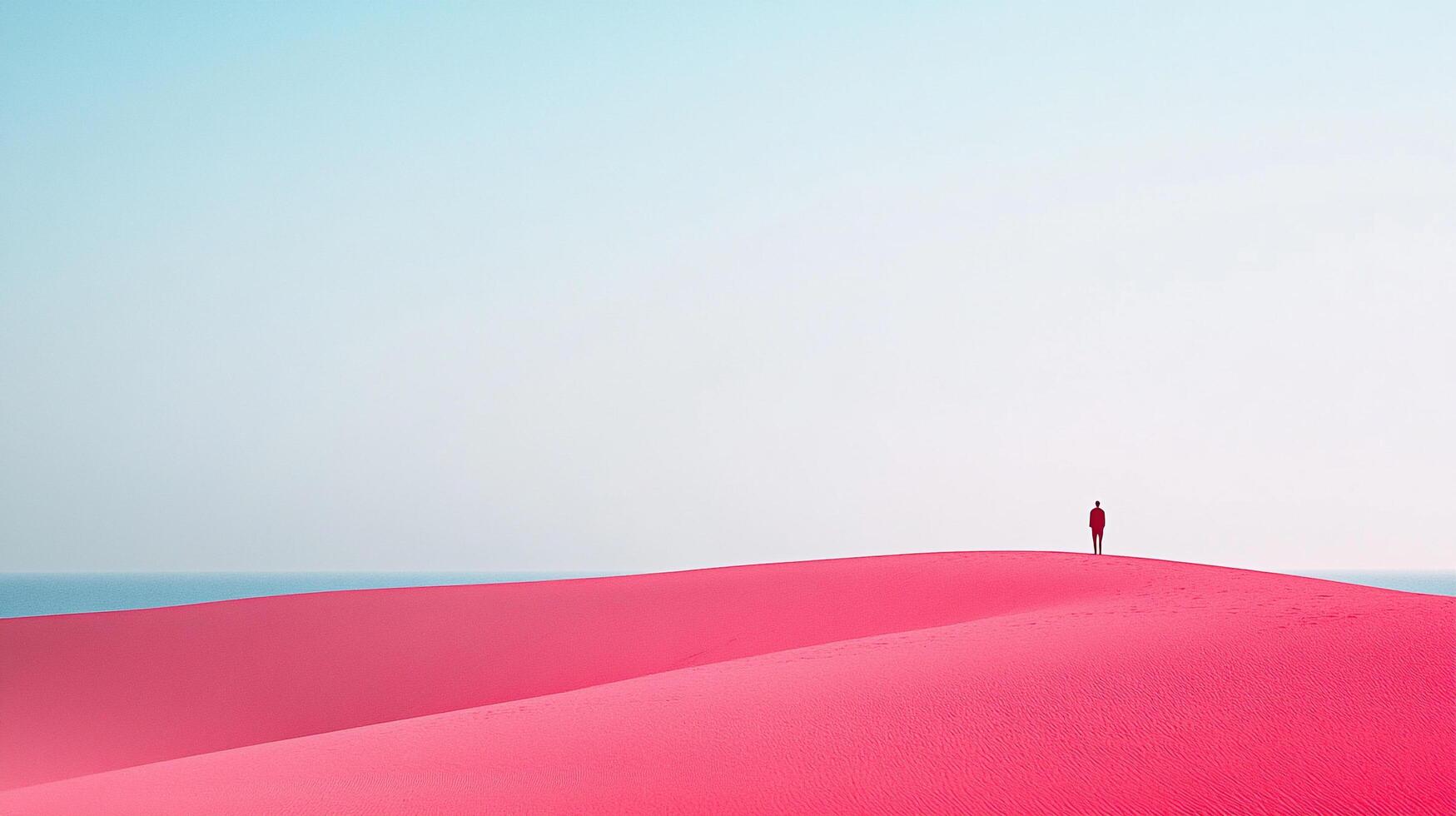 A lone figure stands atop a vibrant pink sand dune against a serene light blue sky, evoking a sense of solitude and wonder. photo