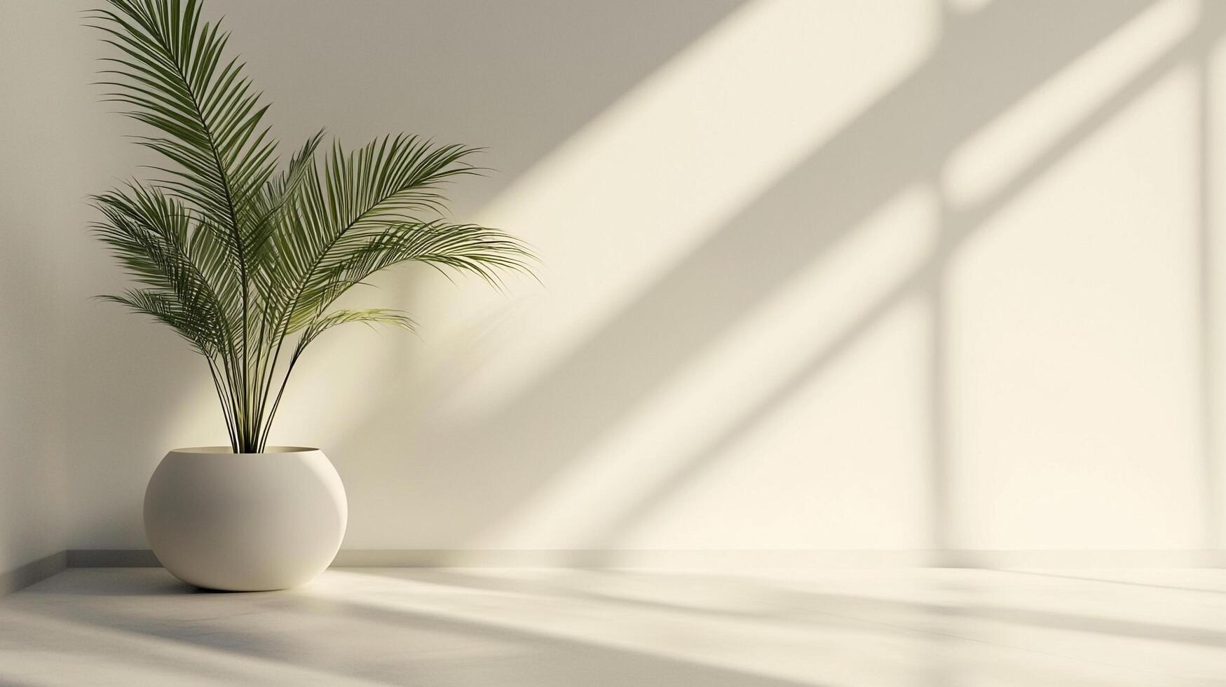 Indoor potted palm casting dramatic shadows against a pristine white wall, creating a serene, minimalist aesthetic and tropical accent. photo
