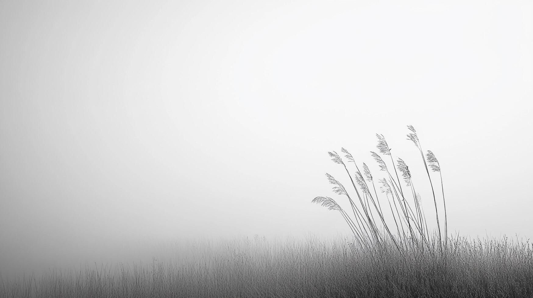 Monochrome field under a fog, creating a serene and ethereal atmosphere. Grass blades stand out in the diffused lighting. photo