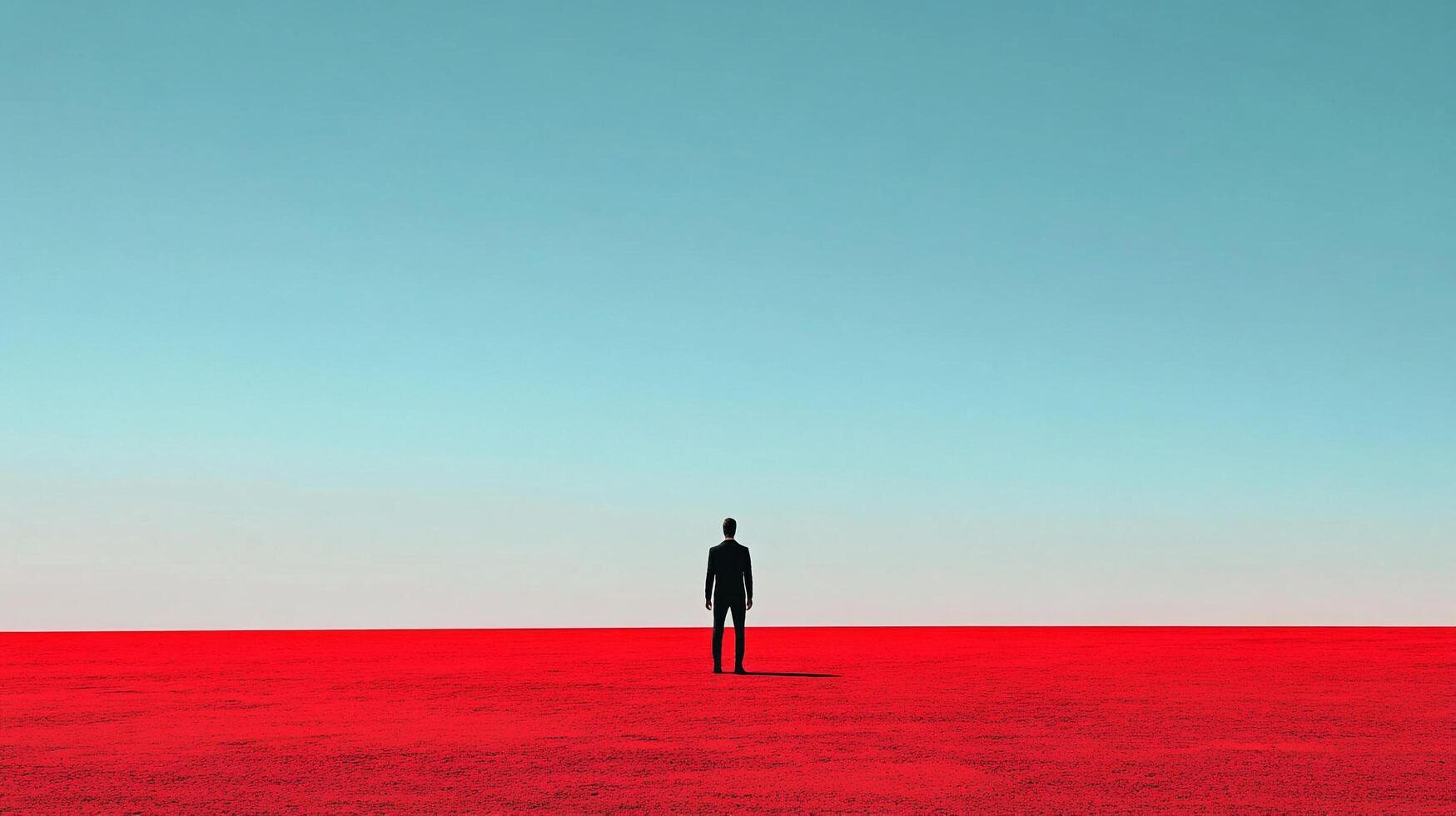 Solitary figure in a vast, surreal landscape under a serene sky, evoking feelings of isolation, contemplation, and the unknown future. photo
