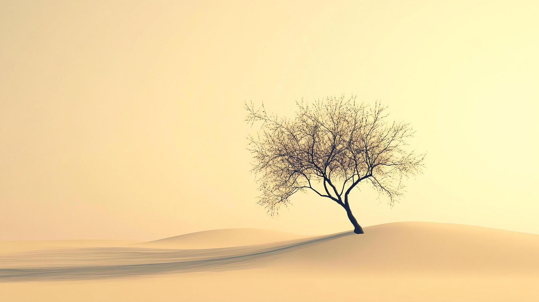 Solitary tree stands stark against a sandy expanse, casting a long shadow in muted light. A serene, minimalist landscape. photo