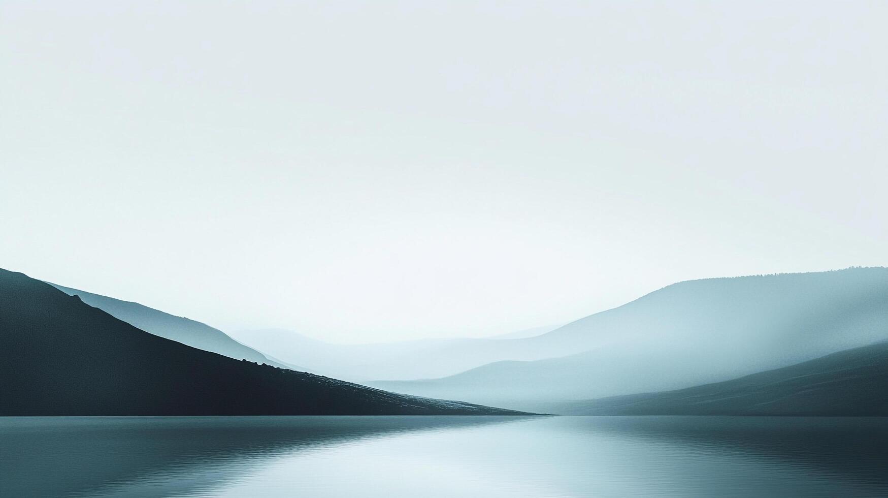 Misty mountain range reflected in calm lake. Minimalist landscape scenery of nature, peaceful vista, serene background, teal aesthetic photo