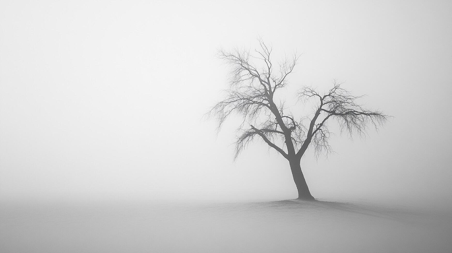 Solitary bare tree stands in stark contrast against a dense fog, creating a monochromatic, minimalist, and haunting scene. photo