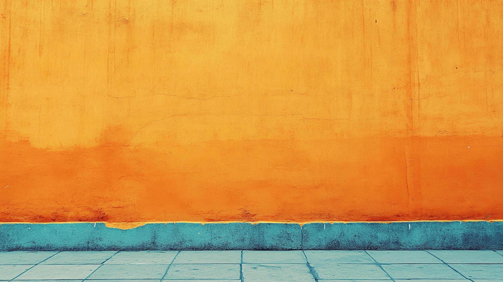 A vibrant orange wall contrasts beautifully with the teal base and tiled flooring, creating a striking visual. photo