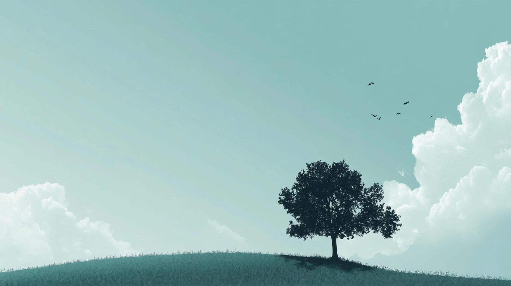 Scenic tranquility of a lone tree on a hill under a serene sky with birds and clouds. An artistic nature landscape photo