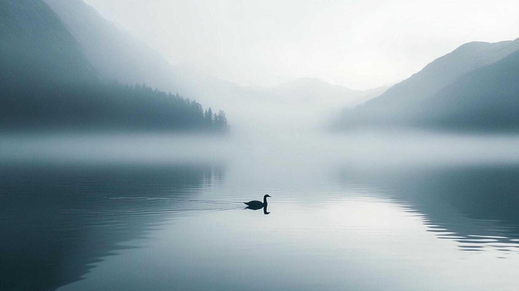 Solitary goose gracefully glides across the calm lake, enveloped by mist and majestic mountains in the distance. photo