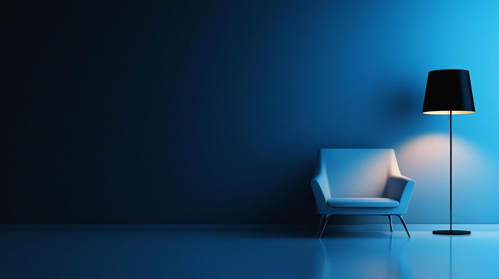 Minimalist Interior with a single armchair illuminated by a lamp against a deep blue wall, creating a serene and modern aesthetic. photo