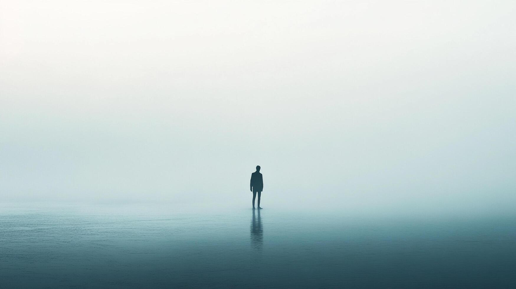 A lone figure stands amidst a foggy landscape, creating a serene and mysterious scene. The sky merges with ground, and the figure is isolated. photo