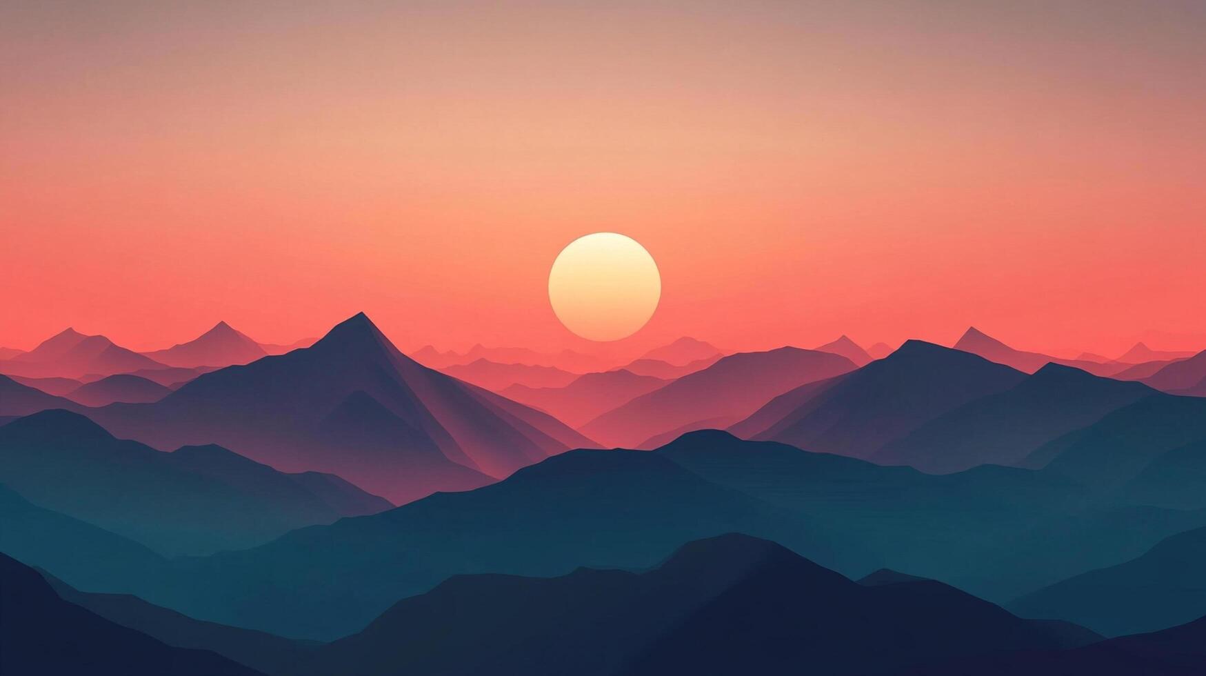 A serene mountain range silhouette is displayed against a vibrant sunset sky. The sky transitions from orange to light coral above the peaks. photo
