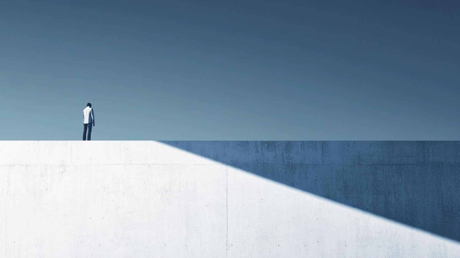 Contemplative figure stands silhouetted against a concrete barrier, under an expansive sky, evoking solitude and contemplation. photo