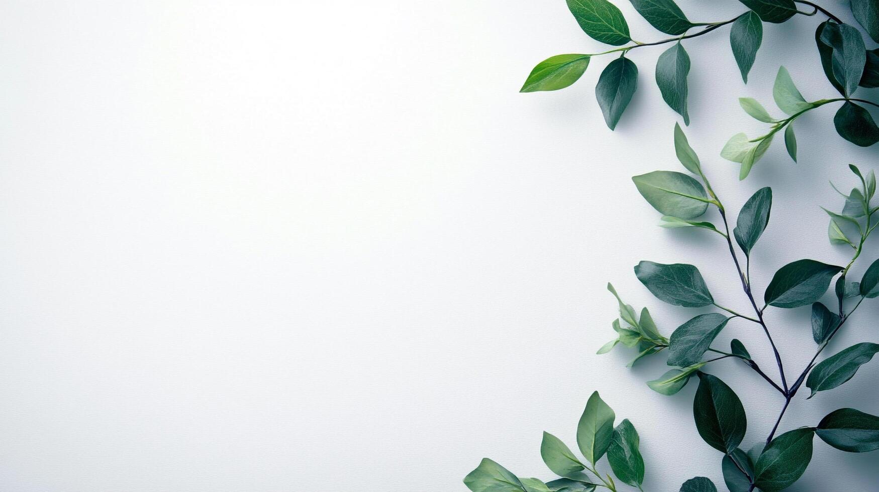Green leaf sprigs frame this light background creating a peaceful nature aesthetic. Serene minimalism with a botanical touch. photo