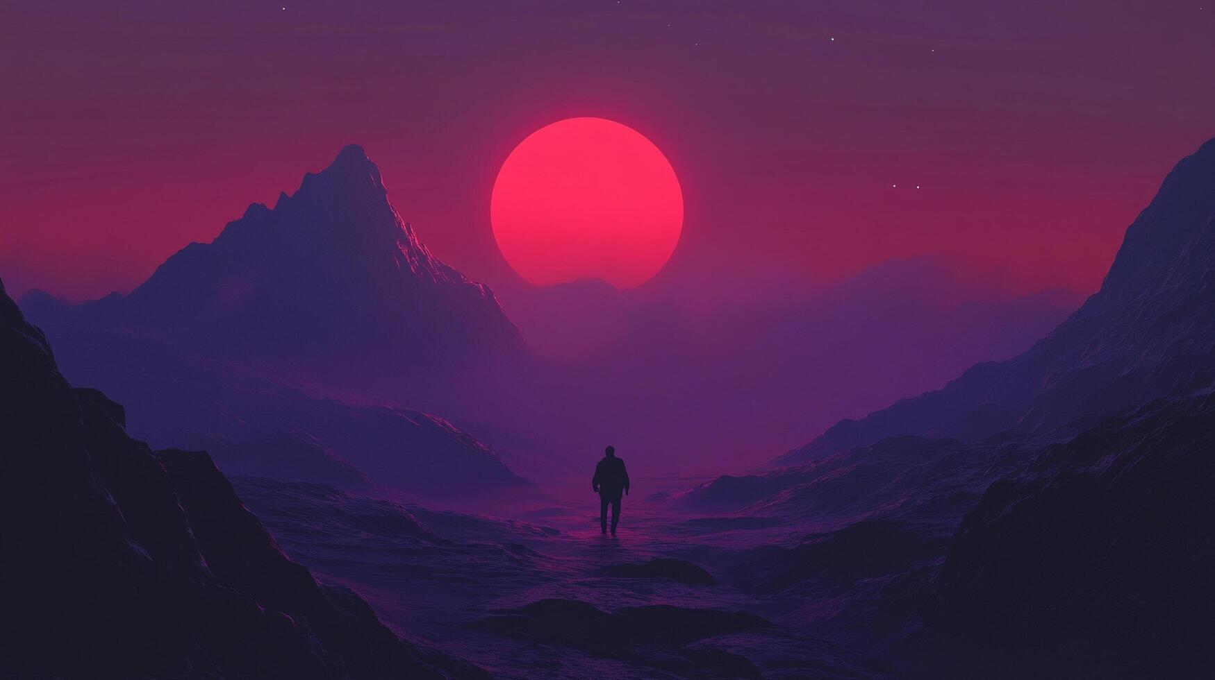 A lone figure silhouetted against a vibrant sunset or sunrise in a mountainous landscape, evoking a sense of mystery and solitary adventure. photo
