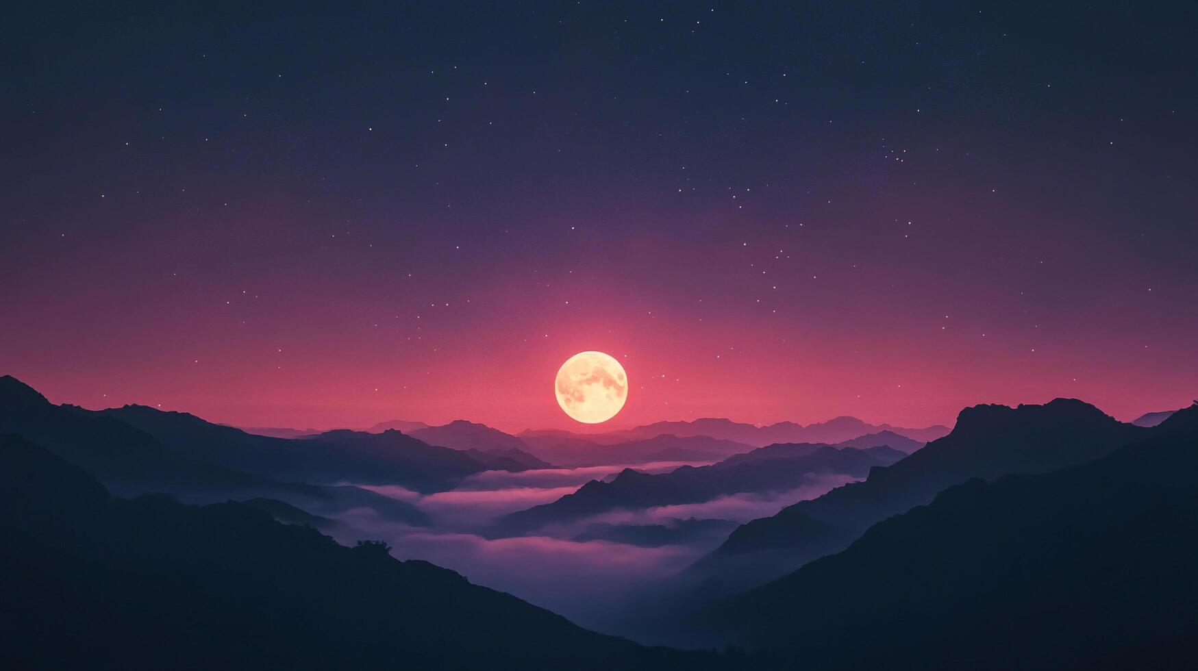A serene landscape featuring a full moon rising over misty mountains, set against a backdrop of a colorful, star-filled sky. Night scene photo