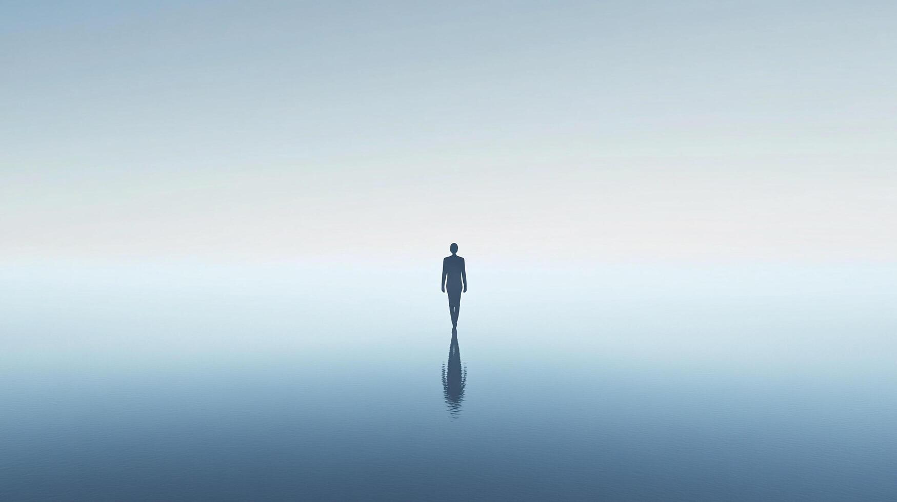 Solitary figure walking on water, creating a reflective, minimalist scene. A calming image of isolation, peace and a path to follow. photo