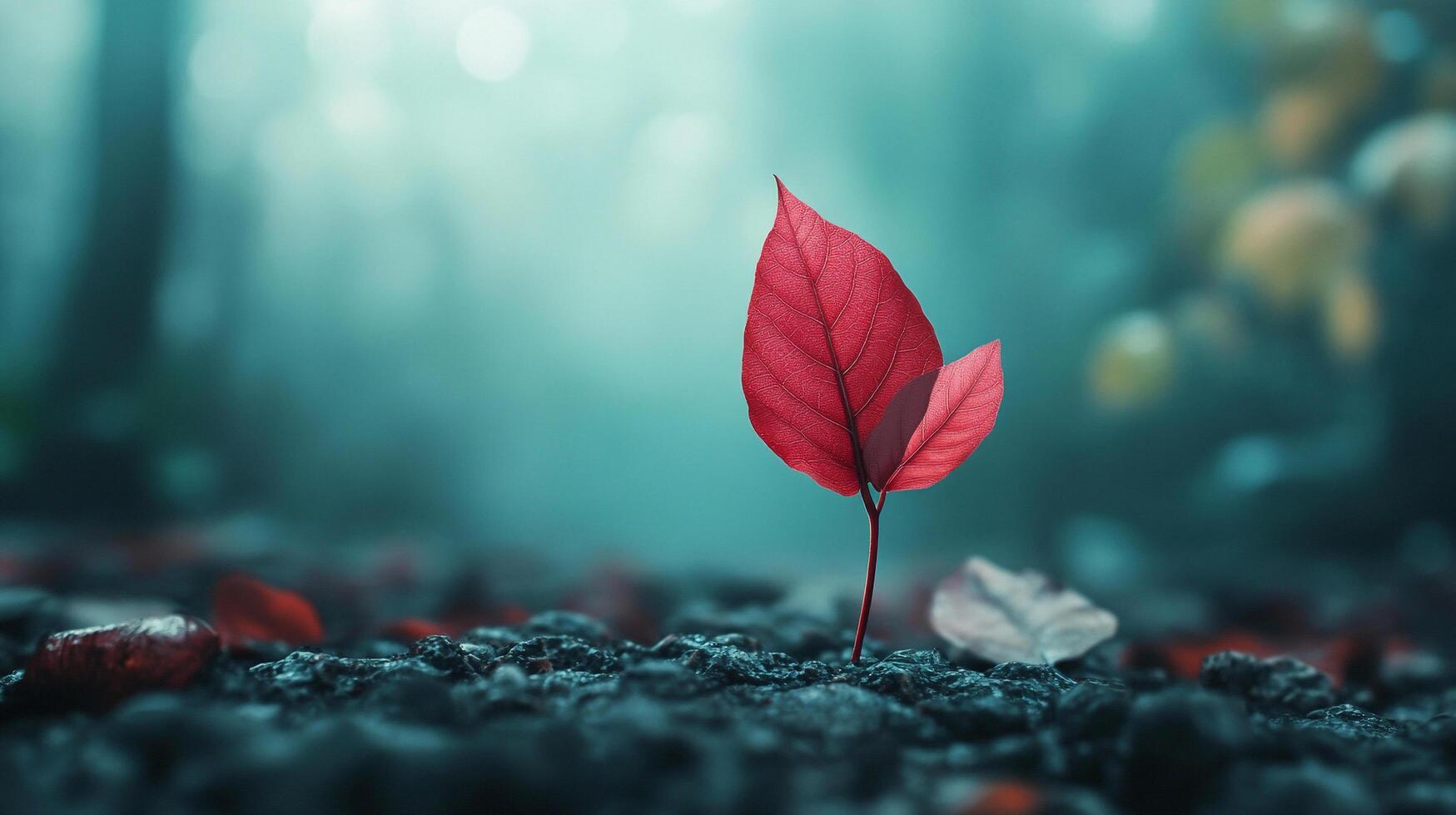 A vibrant red leaf emerges from the dark earth in a misty forest, symbolizing hope and new beginnings in a serene natural setting. photo