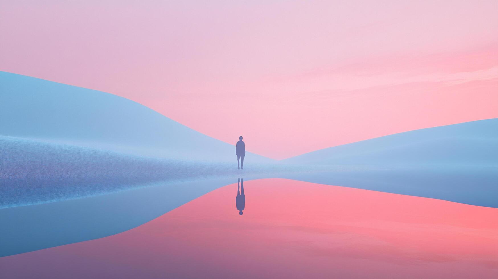 Solitary figure stands at the water's edge in a pastel landscape, casting a perfect reflection beneath a soft, dreamy sky. photo