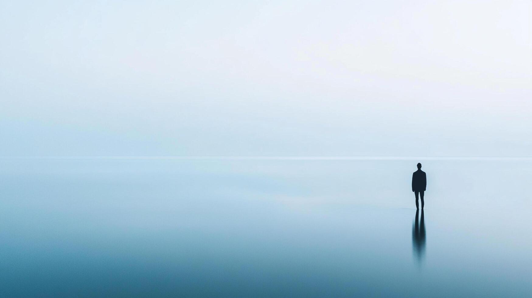 A solitary figure stands in a vast expanse of serene water, meeting the horizon under a soft, pale sky, evoking introspection and wonder. photo