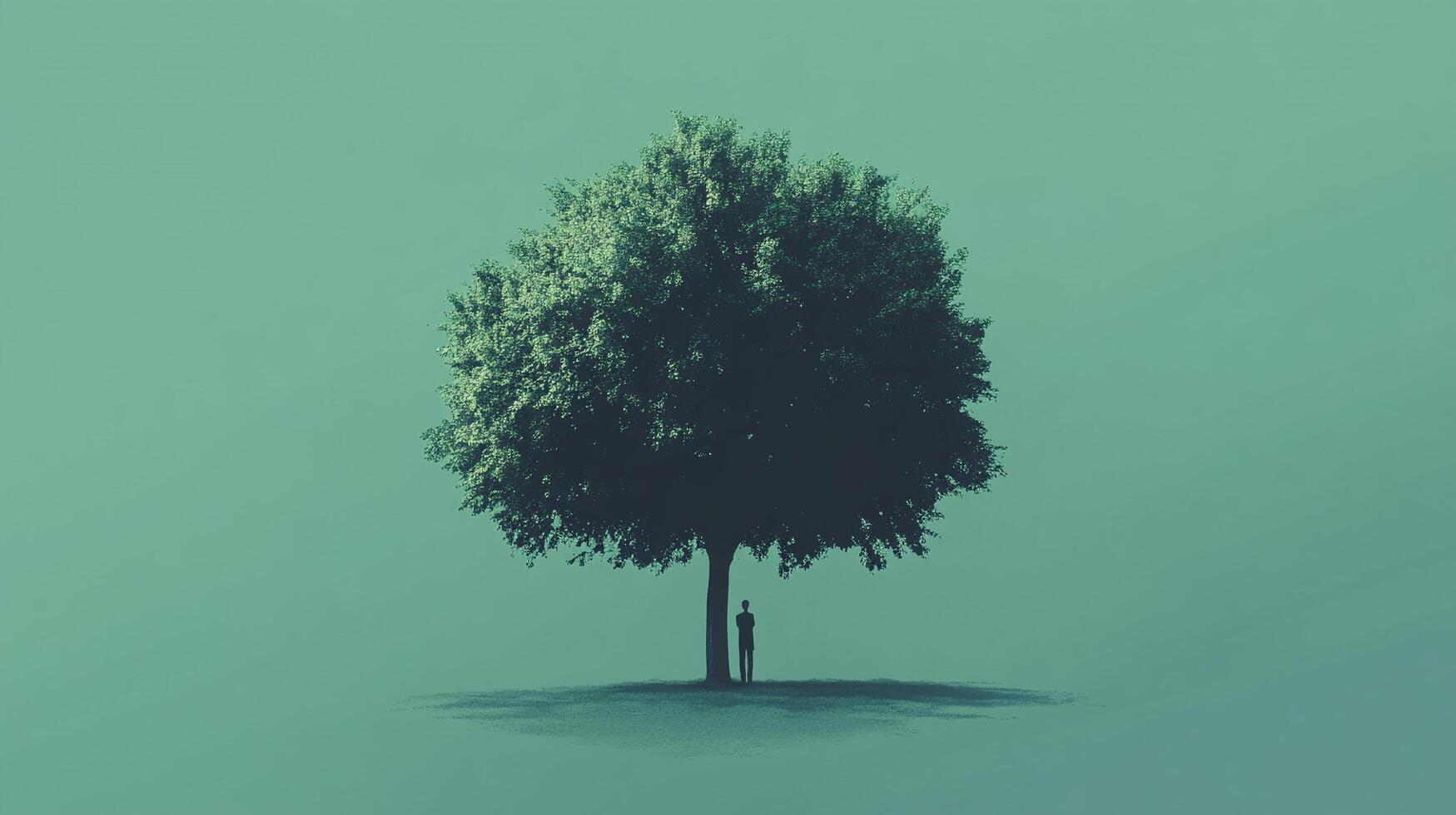 Solitary figure beneath a sprawling tree, set against a serene teal backdrop, evoking peace and introspective moments in nature. photo