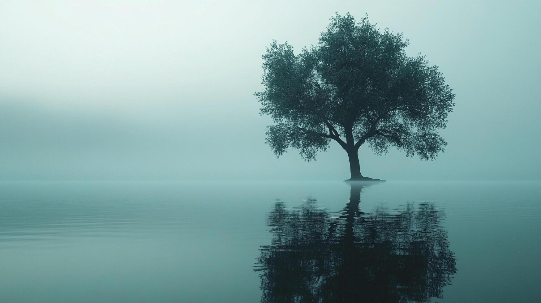 A solitary tree stands reflected in calm water under a misty sky, creating a tranquil and ethereal waterscape. Reflections mirror nature. photo