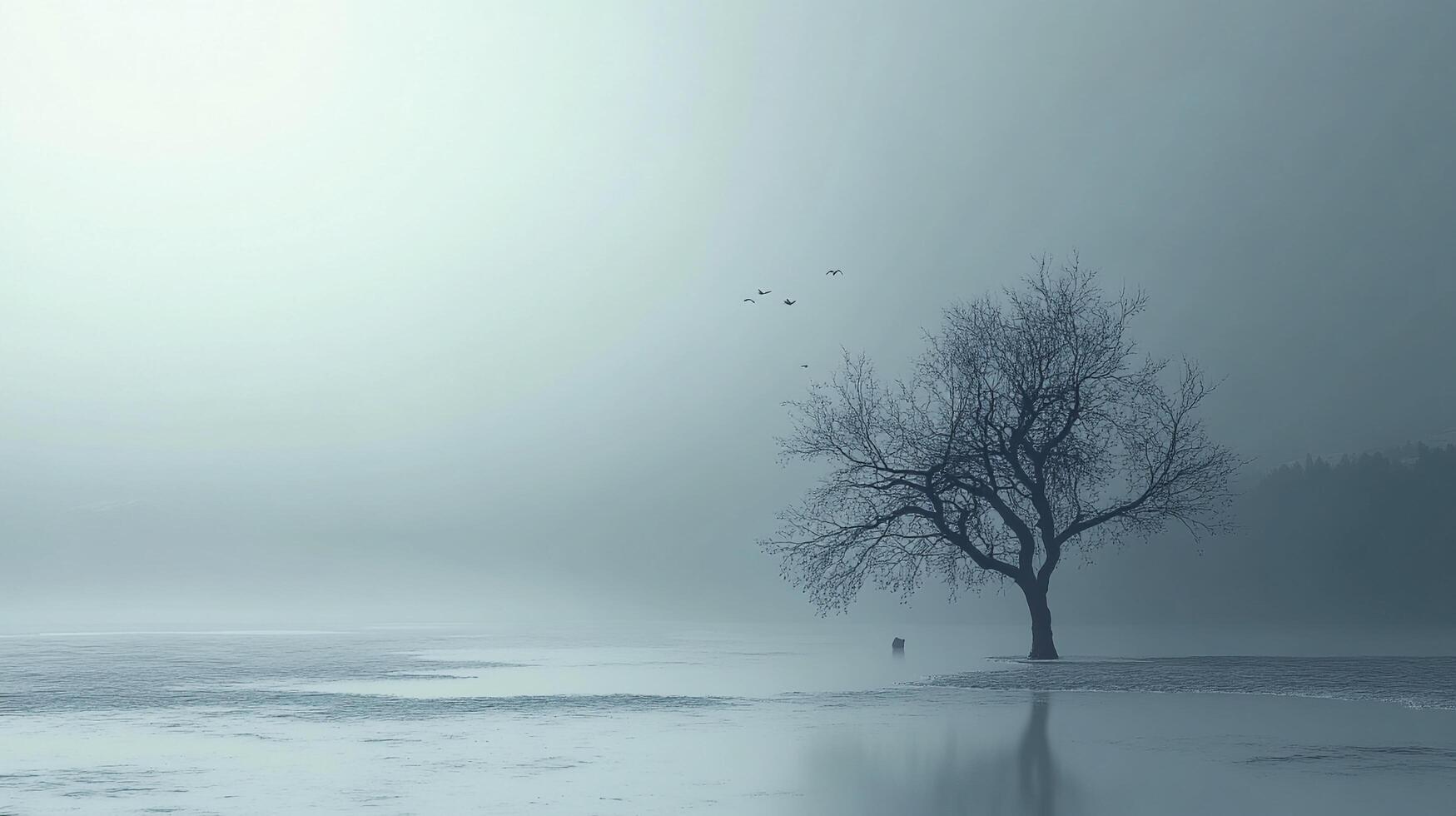 A lone tree stands silhouetted against a misty, monochromatic landscape, evoking a sense of peace and quiet solitude with birds in sky. photo