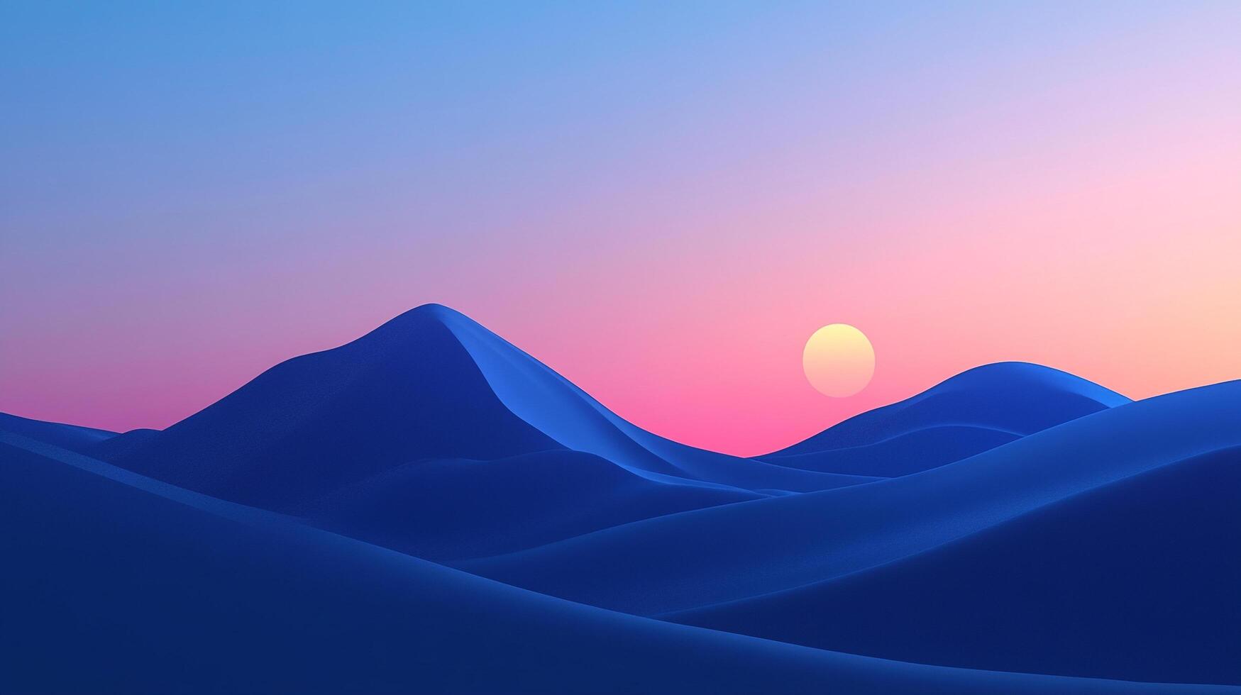 Abstract minimalist landscape of gently rolling blue dunes under a serene gradient sky with a soft pink sun setting on the horizon. photo