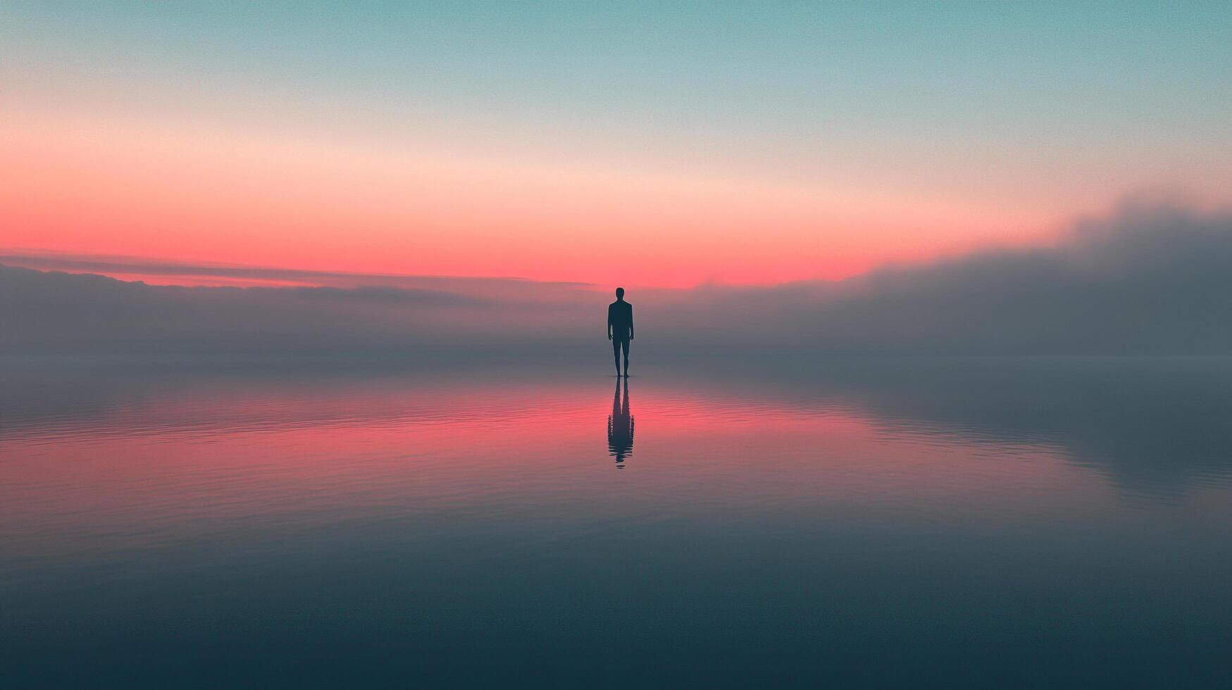 Silhouette stands at water's edge reflecting in the tranquil water, under an expansive sky painted with hues of dawn. photo