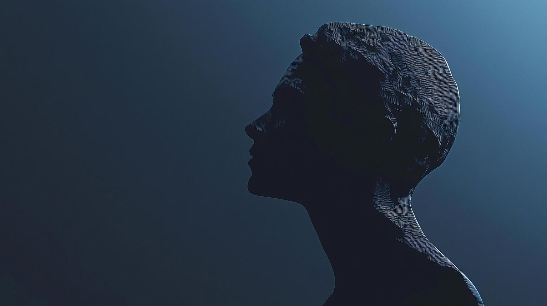 Silhouette of a head and neck in profile, possibly a statue or figure, against a dark blue background with soft lighting. photo