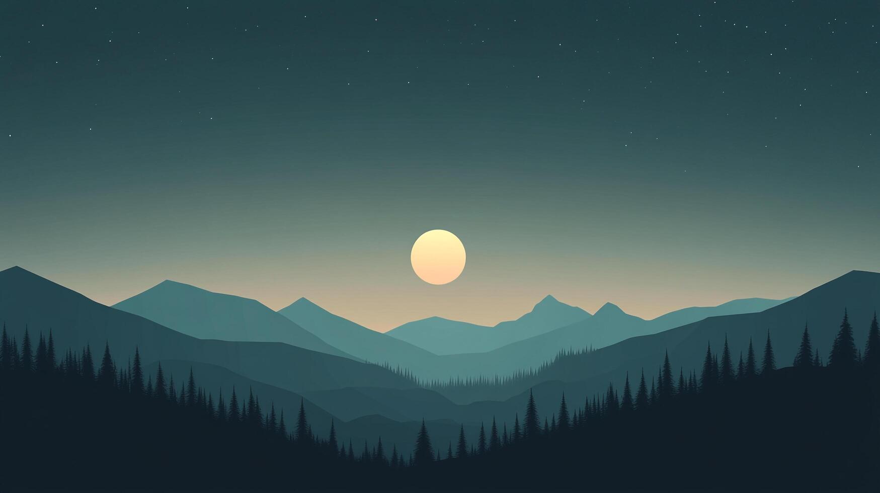 Minimalist mountain range landscape at night with visible stars. Full moon illuminating sky and a forest of trees in the foreground. photo