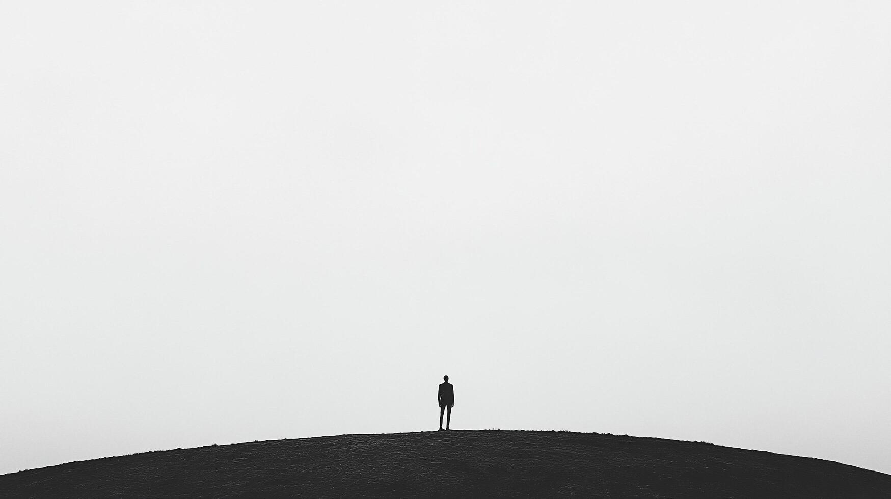 Monochrome silhouette of a figure standing alone on a hill against a stark sky, evoking themes of solitude and contemplation. photo