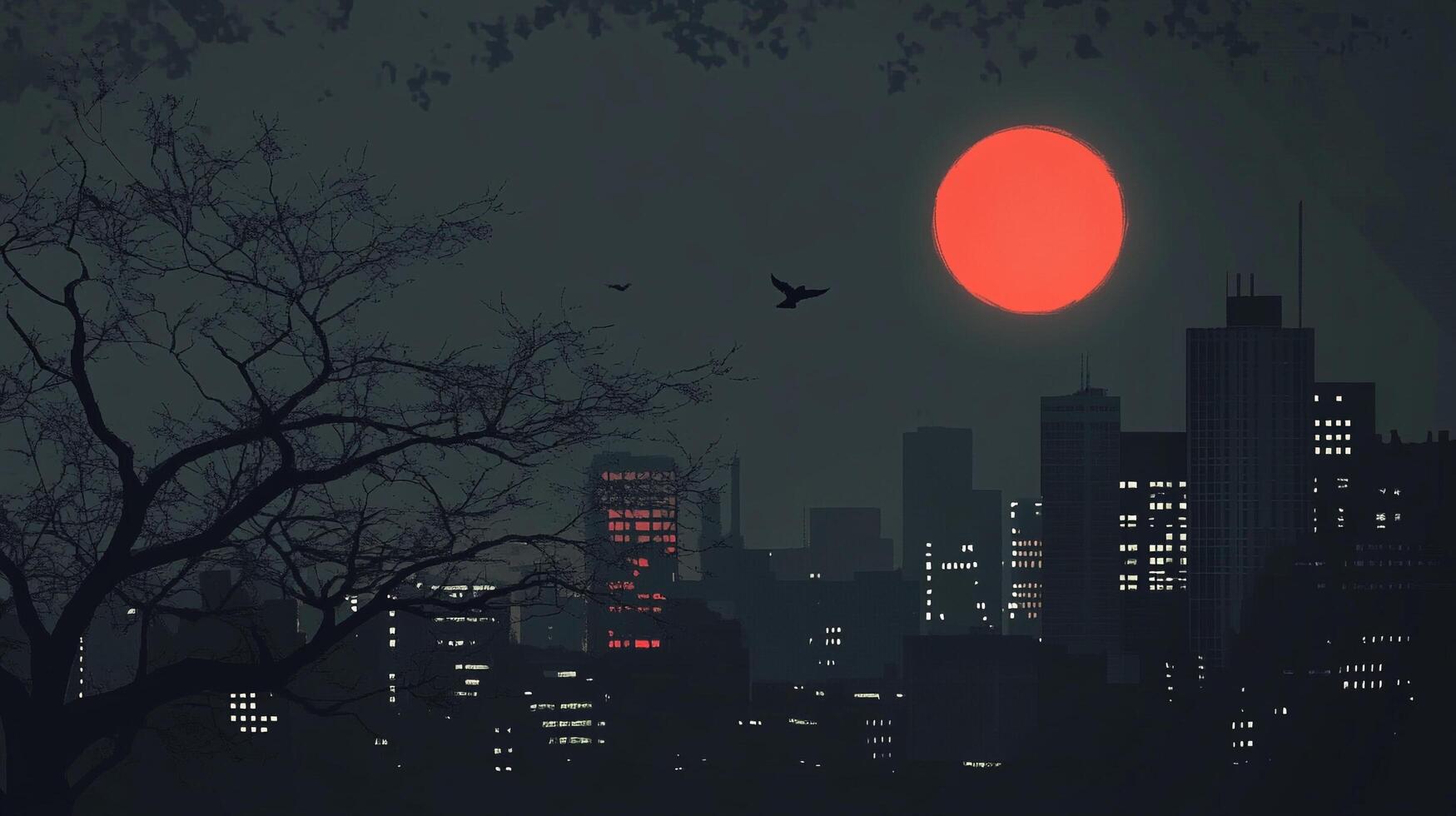 City skyline silhouetted against a large red sun, birds flying overhead. A dark, moody urban scene with tree branches in the foreground. photo