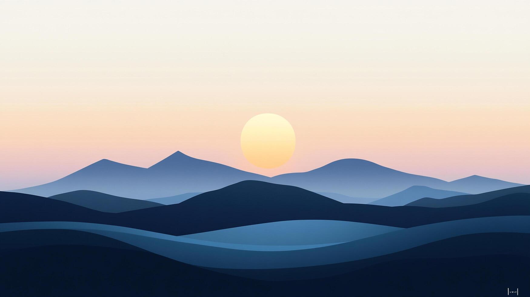 A minimalist landscape illustration of rolling hills and mountains bathed in the warm glow of a rising or setting sun. Serene nature scene. photo