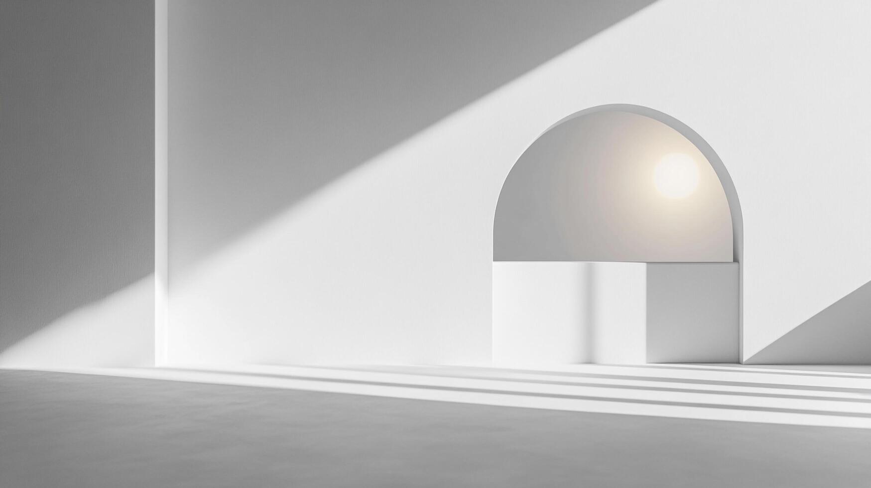 Abstract architecture featuring an arched opening with light, casting geometric shadows in a minimalist white room, creating an ethereal atmosphere. photo