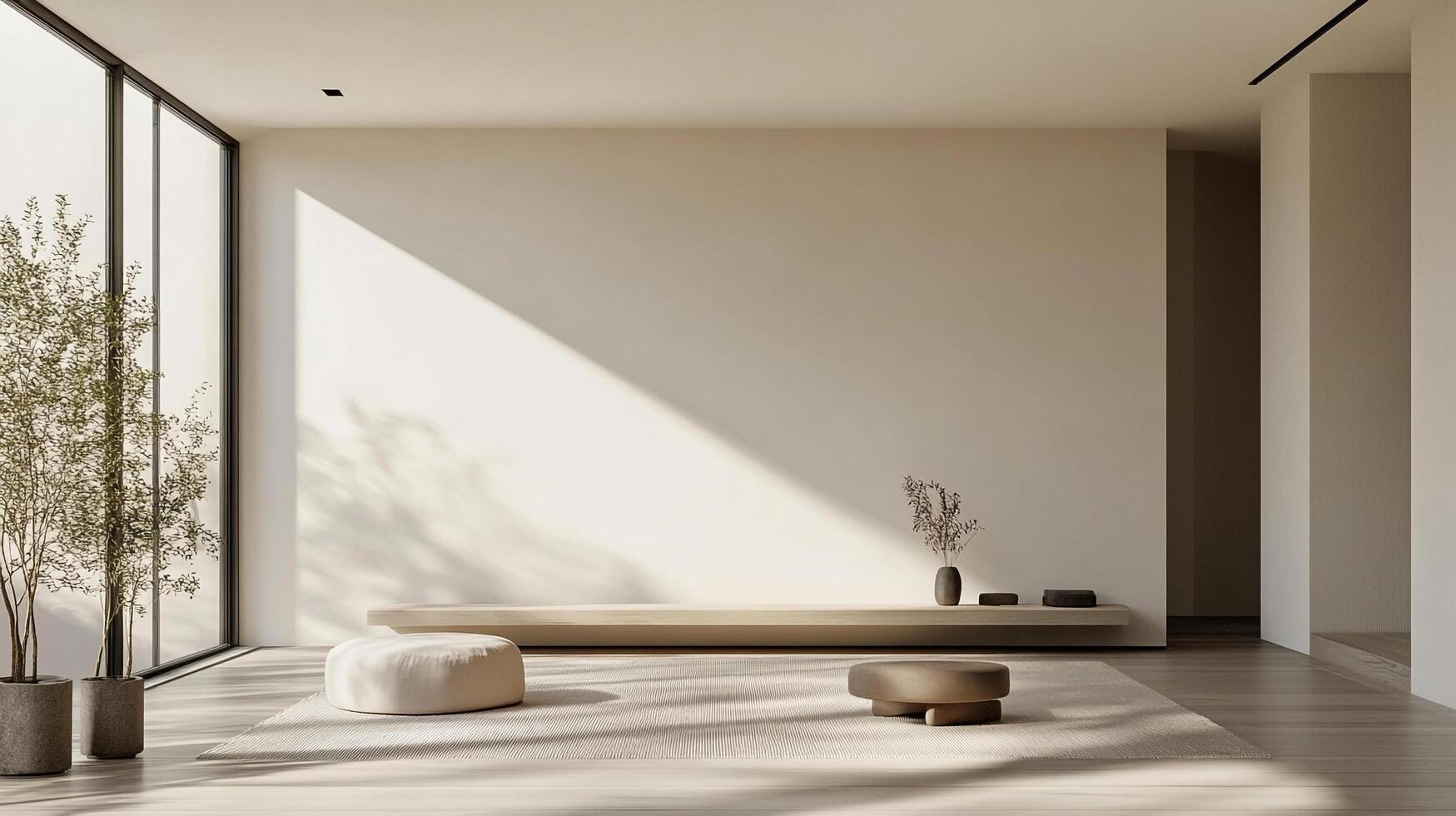 Minimalist interior with natural light, featuring plants, seating, and a serene ambiance. A study in simplicity and calming design. photo